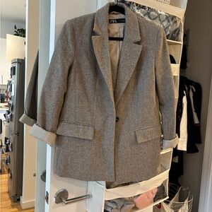 Zara Taupe Tweed Single-Button Blazer